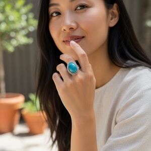 Turquoise Oval Stone Silver Tone Rope-Edge Women's Ring Size Adjustable